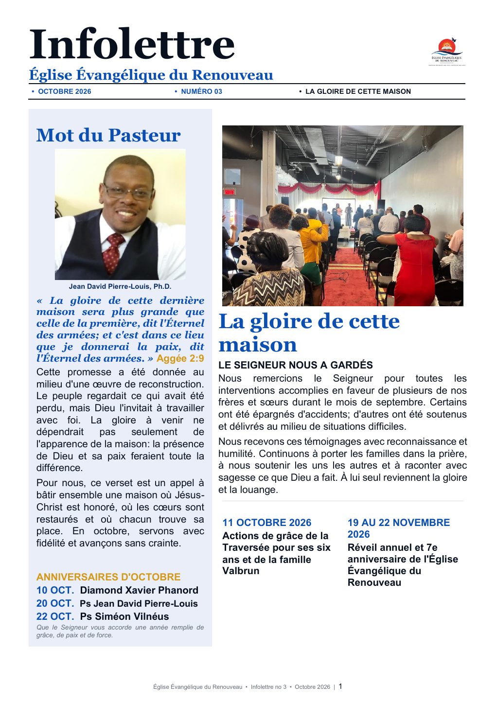 Première page de l’infolettre du Renouveau, numéro 03, Octobre 2026