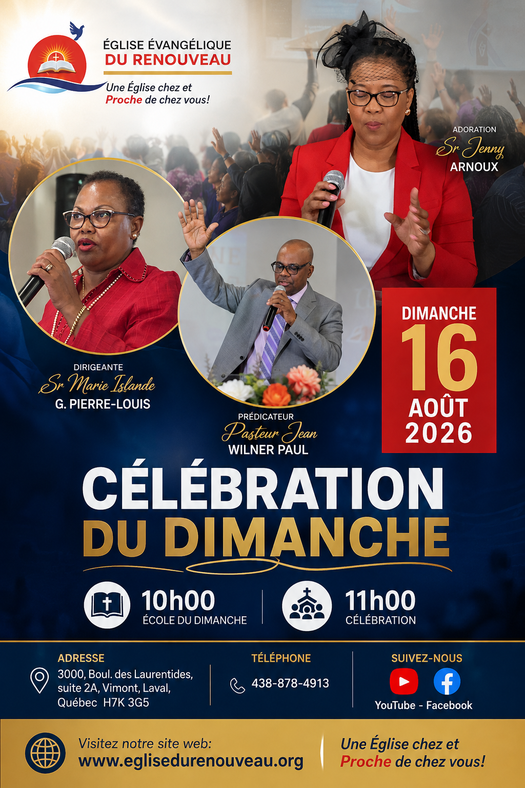 Affiche de la célébration du dimanche 16 août 2026 avec Sr Marie Islande G. Pierre-Louis, le Pasteur Jean Wilner Paul et Sr Jenny Arnoux
