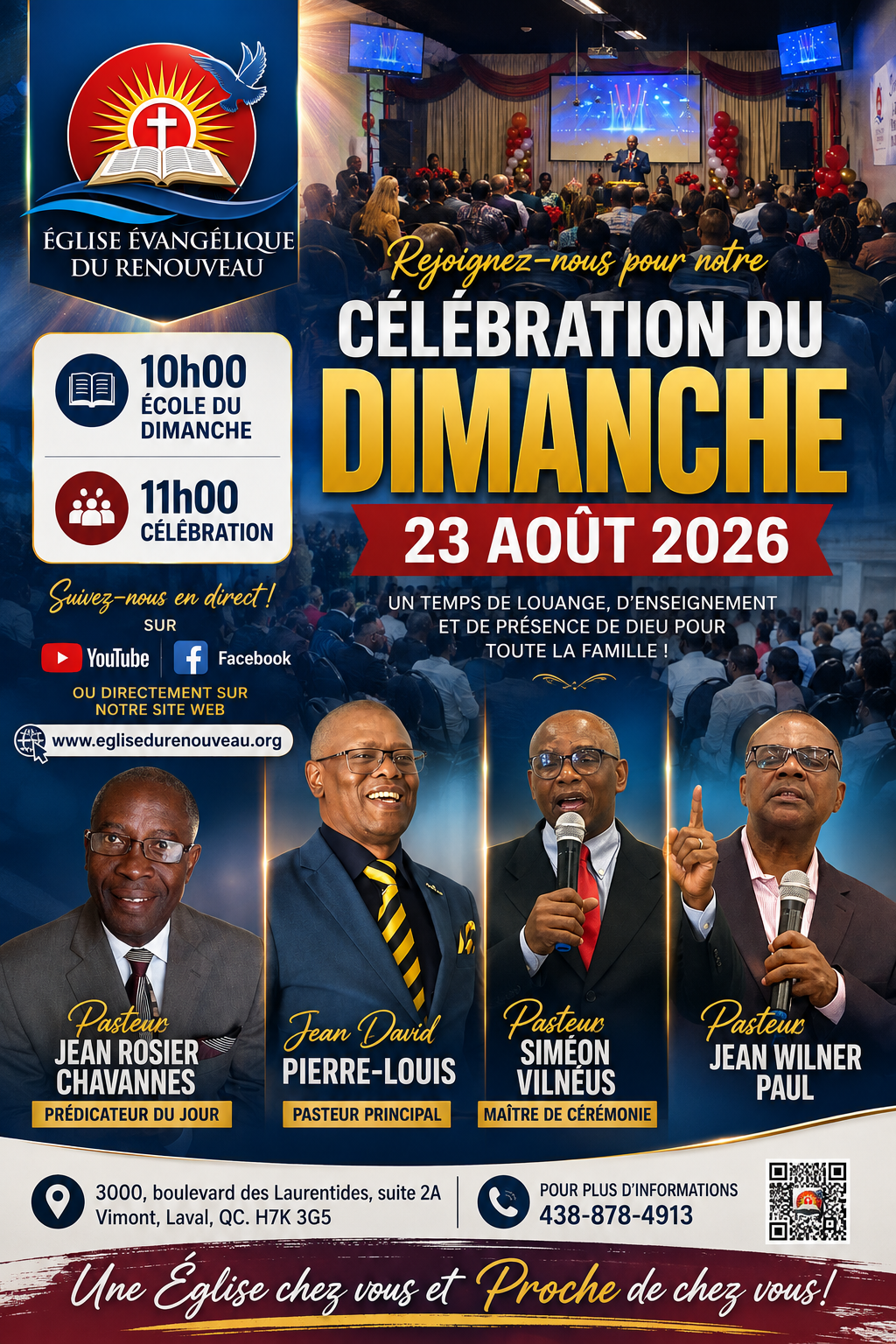 Affiche de la célébration du dimanche 23 août 2026 avec les pasteurs Jean Rosier Chavannes, Jean David Pierre-Louis, Siméon Vilnéus et Jean Wilner Paul