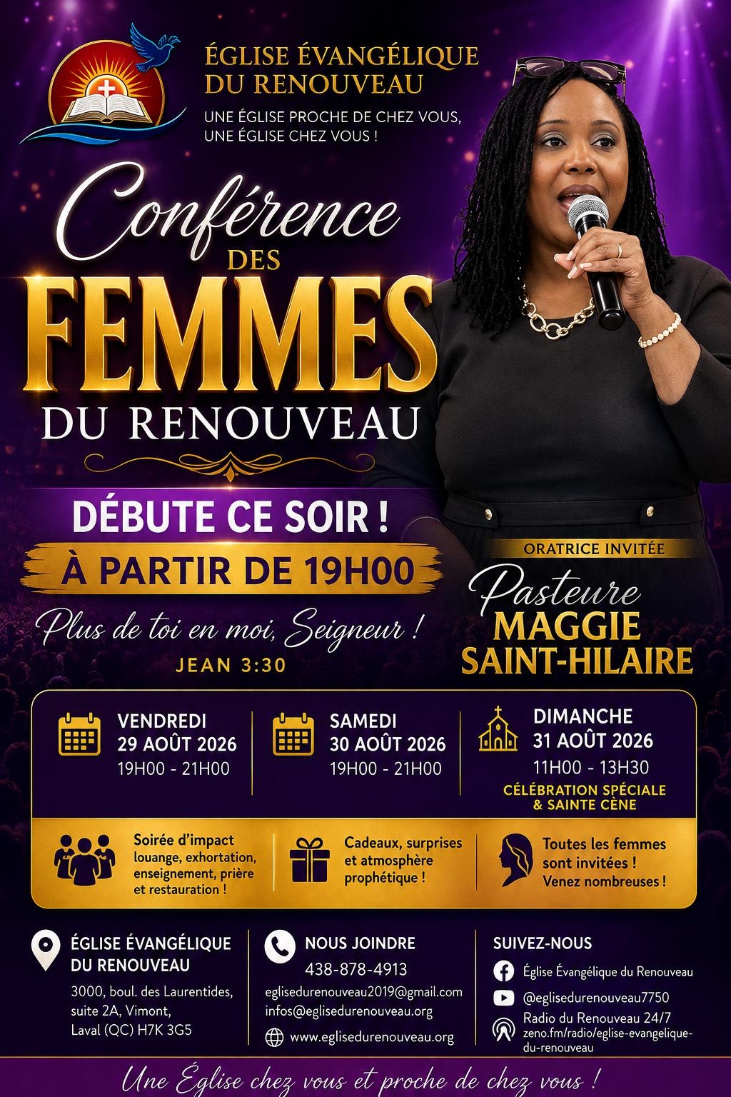 Affiche de la Conférence des Femmes du Renouveau avec la Pasteure Maggie Saint-Hilaire